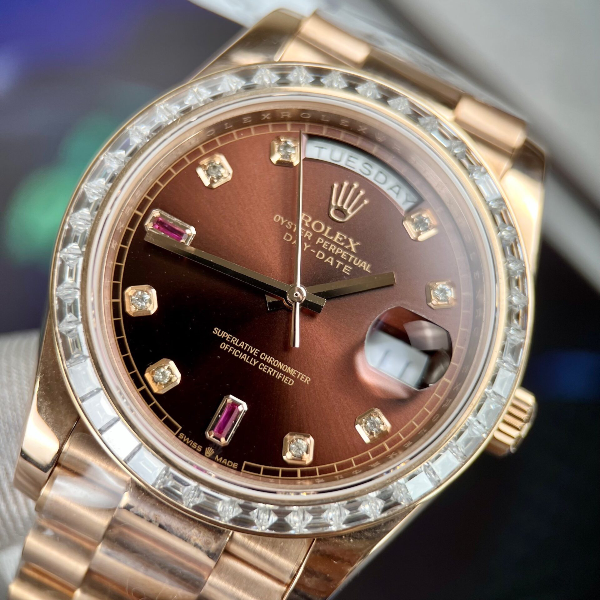 Rolex Day-Date Gold Wrapped Replica Watch With Moissanite Ruby Red Diamond 40mm - Top club