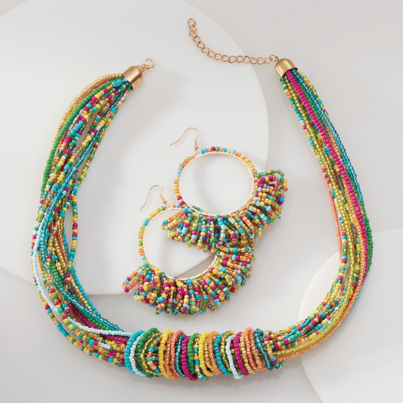 Vibrant Multi-Strand Bead Necklace & Earring Set - MIDNIGHT VELVET CATALOG