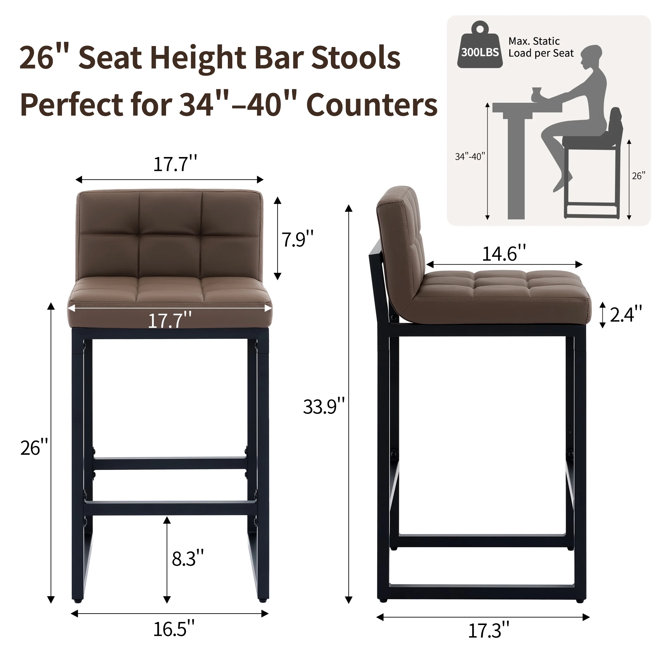 FIRAVOE Bar Stools Set of 3, Counter Height Bar Stools (Low Back)(Thickened Frame) 26" PU Leather Barstools Bar Chairs for Kitchen Island, Black - Image 18