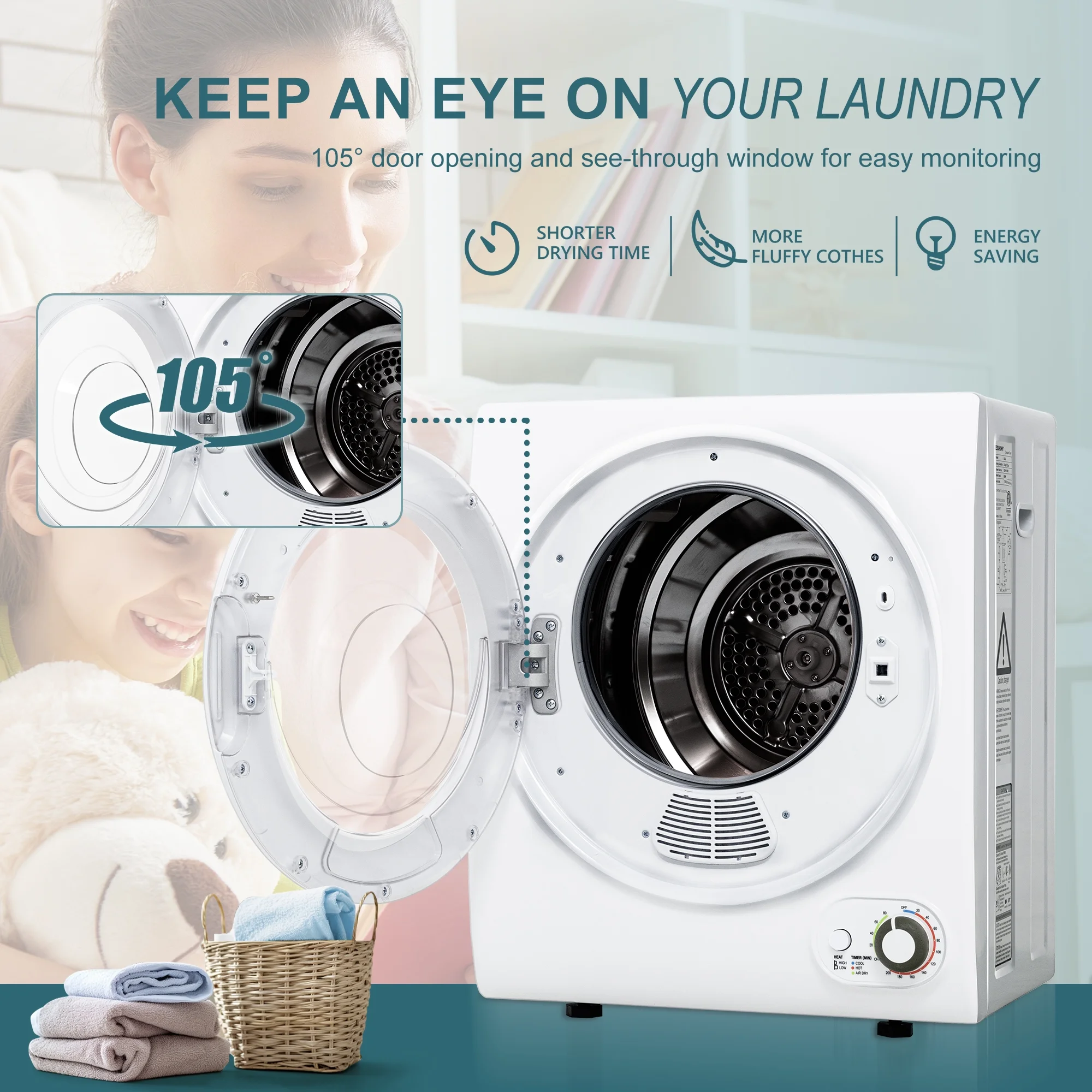 Simzlife 1.6 Cu. ft. Portable Clothes Dryer, Electric Compact Dryer Machine, 19.5 in W, 23.6 in H - Image 8