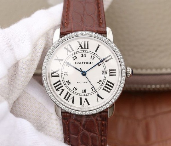 Replica Cartier Ronde De Cartier SS White Dial Diamonds Bezel Croco Strap A2892 - Top club