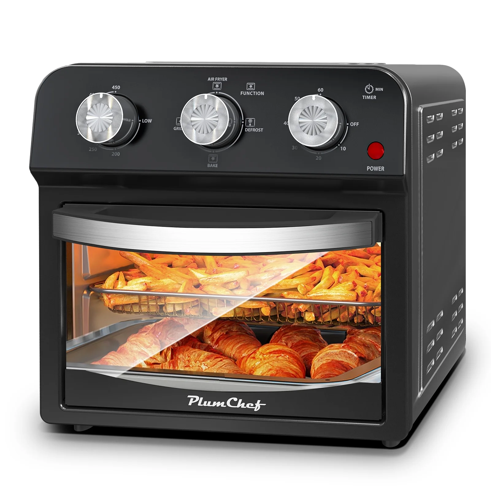 PlumChef 12 Quart 4 Slices Air Fryer Convection Toaster Oven, 1500W , 4 Cooking Modes,  7 in 1 Multifunction with Roast,  Bake, Grill, Broil, Toast, Dehydrate, Defrost, Stainless Stee