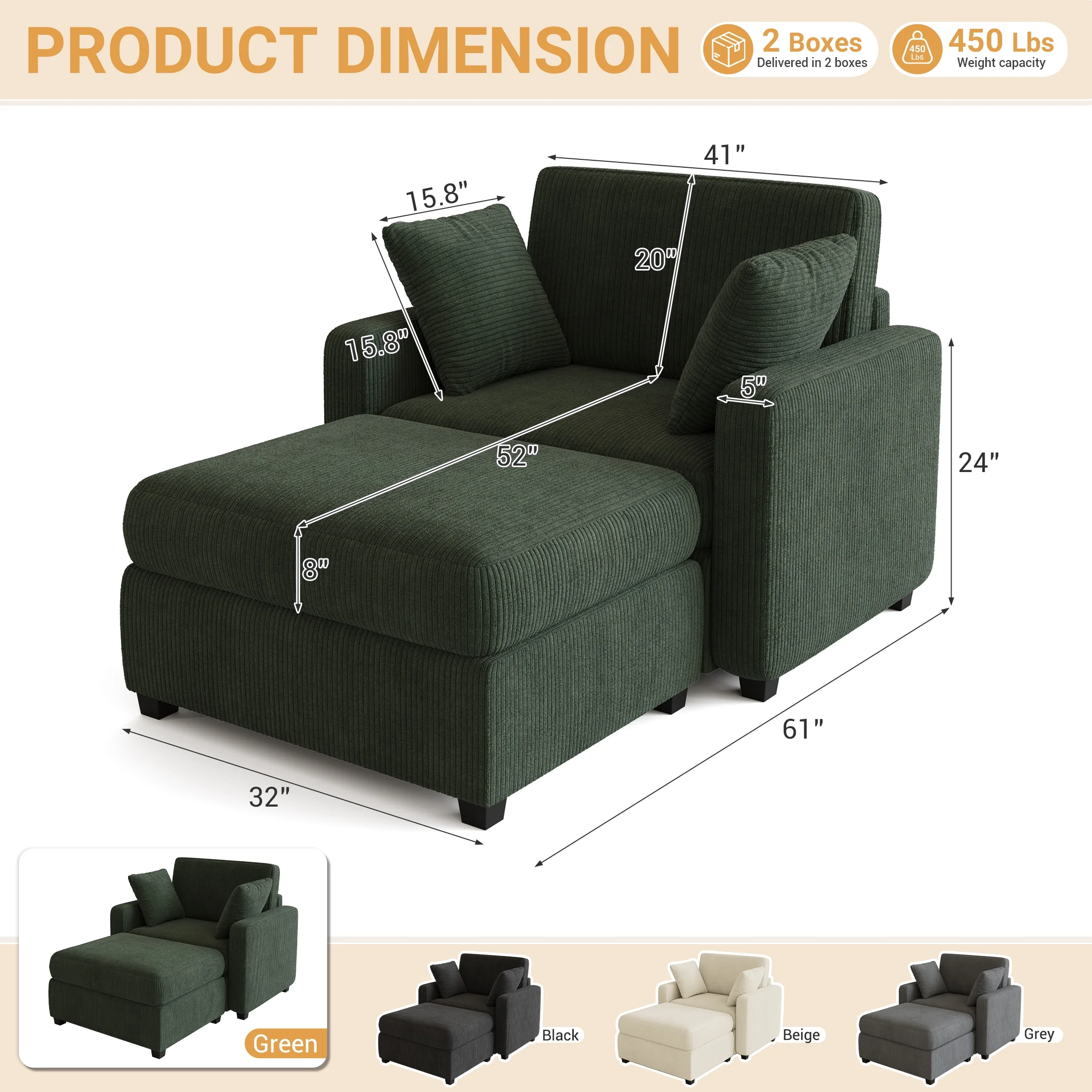 LUMIHO Chaise Lounge Chair Indoor, 42" Sleeper Chair with Two Throw Pillows and Armrests, Corduroy Chaise Couch Chair with Ottoman for Living Room, Bedroom, Apartment, Green - Image 10