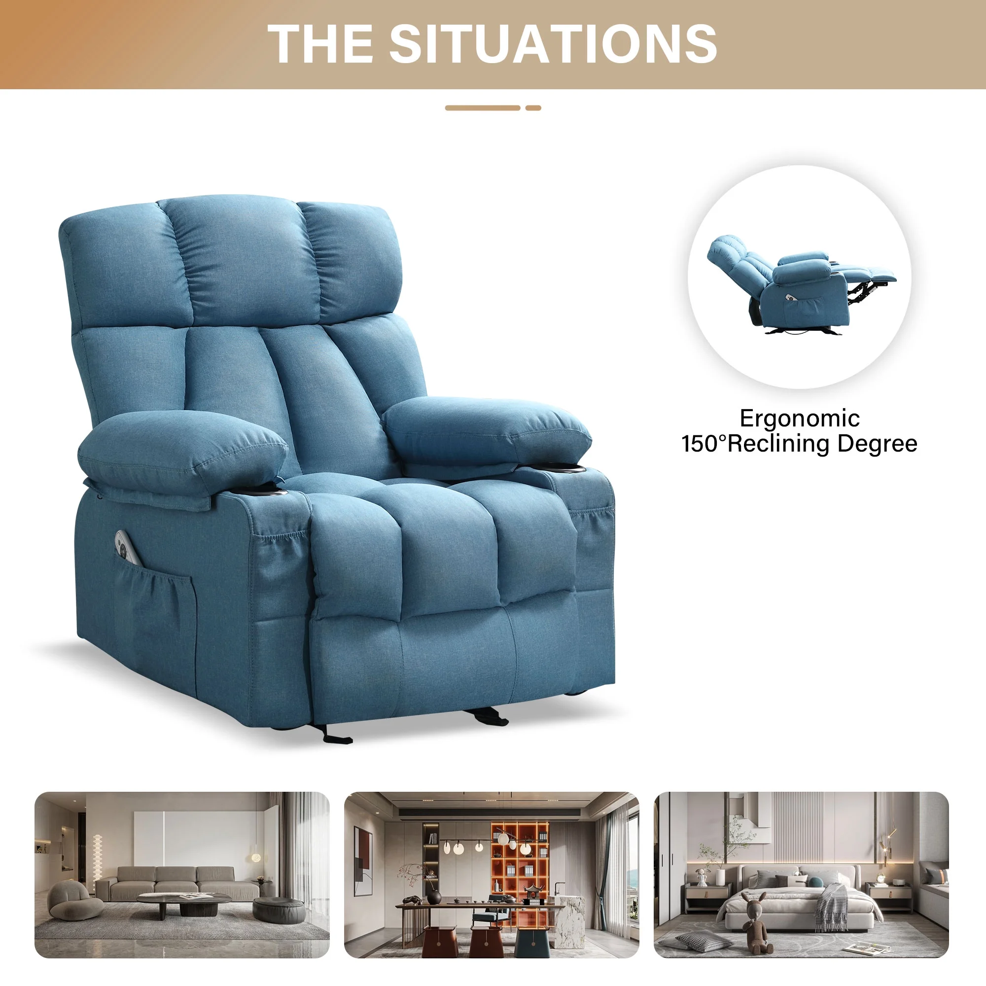 JONPONY Manual Recliner Chair with Heat Therapy and Massage Function, Heavy Duty Reclining Mechanism Massage Chair, Elderly Single Rocker Sofa with Cup Holders for Bedroom Home Theater,Grey - Image 58