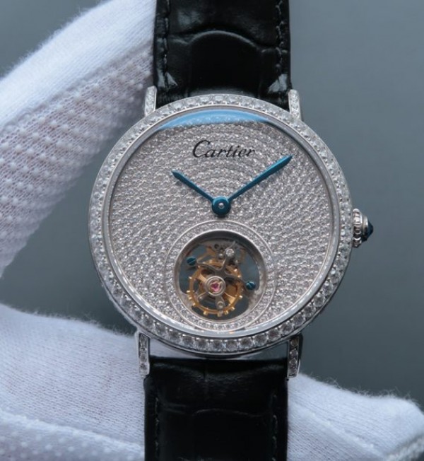 Replica Cartier Tourbillon SS Diamonds Dial Bezel Leather Strap - Top club