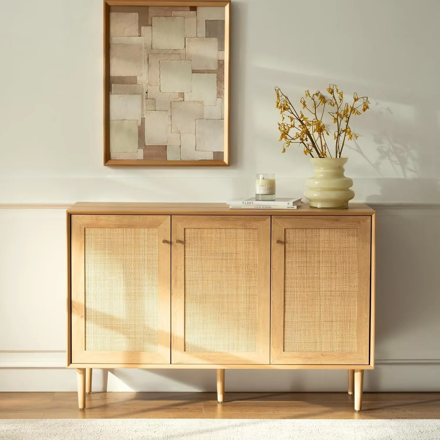 EYYTHUNG Farmhouse 3-Door Rattan Storage Cabinet, Solid Wood Entryway Buffet Sideboard - Image 5