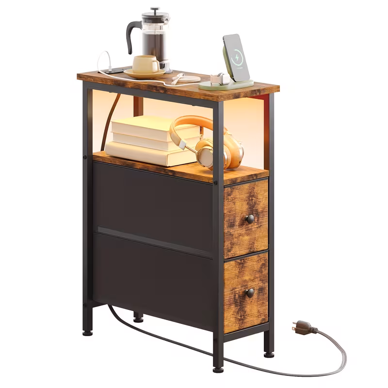 Narrow Nightstand with Charging Station & 2 Fabric Drawers | Fixwal