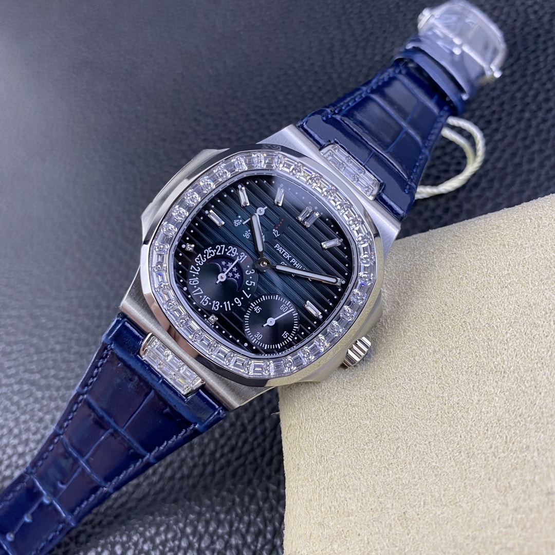 Fake Patek Philippe Replica Watch 5724G-001 Nautilus 40mm Black-Blue Baguette Diamond Bezel Moon Phase Date White Gold Leather Automatic GRF(1:1 replica) - Top club