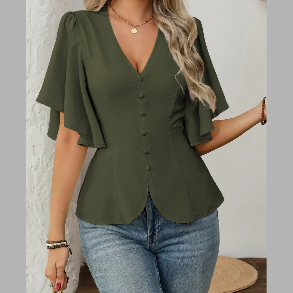V-Neck Flutter Sleeve Blouse - ZKZOOK