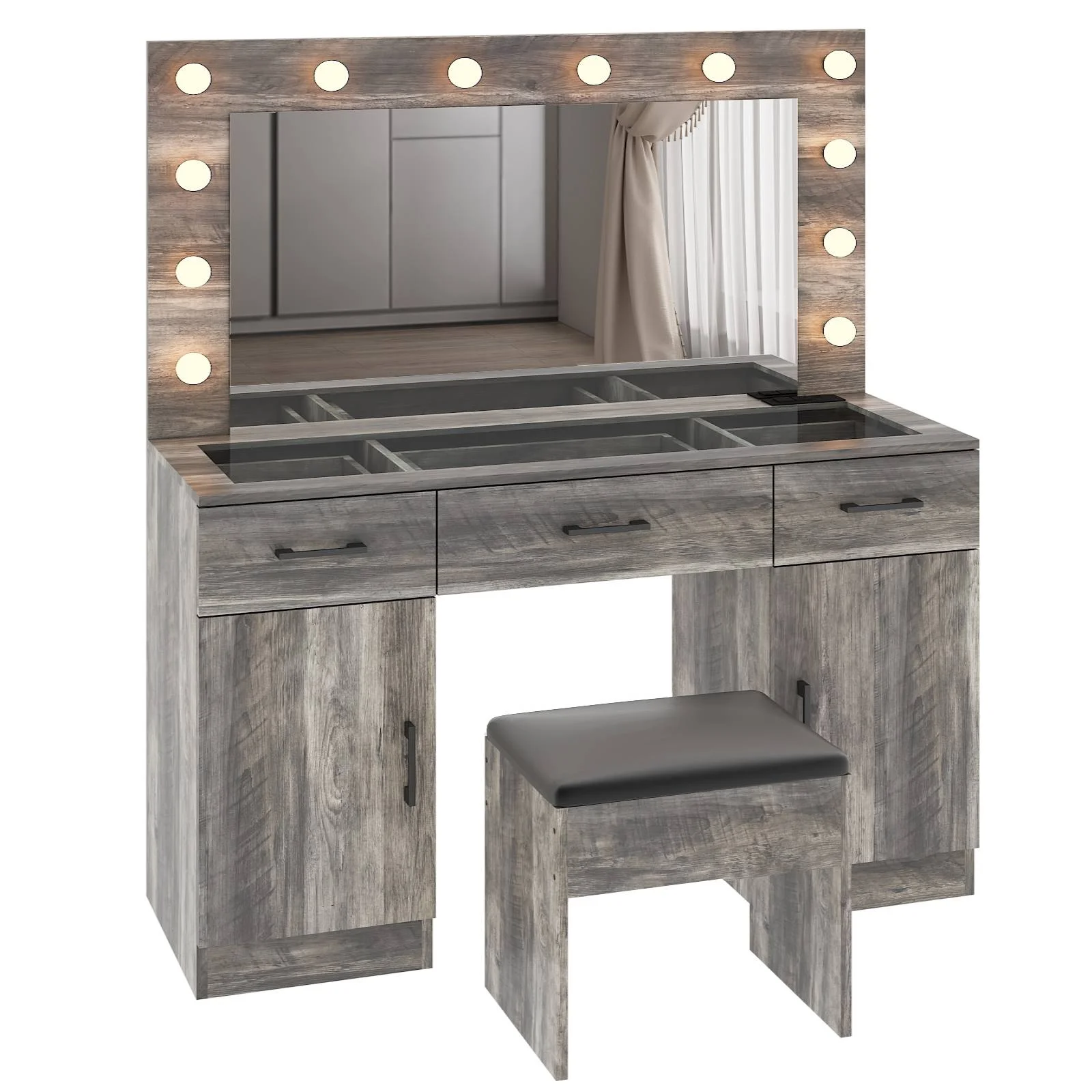 Ktaxon Large Makeup Vanity, Vanity Table Set w/ Visible Glass Top w/ Charging Station, White - Image 34