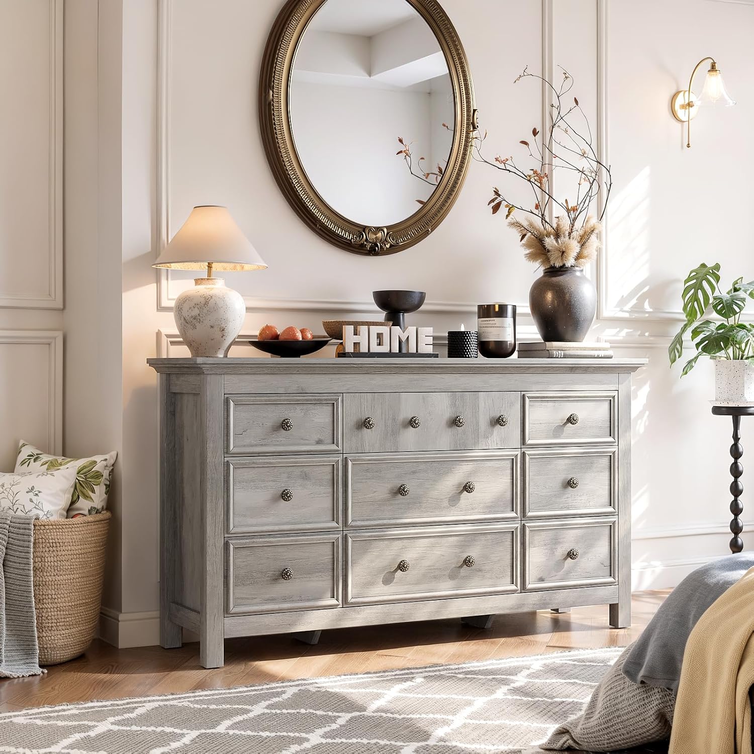 LGHM Dressers for Bedroom with 9 Drawers, 9 Drawer Dresser with Textured Borders, 58