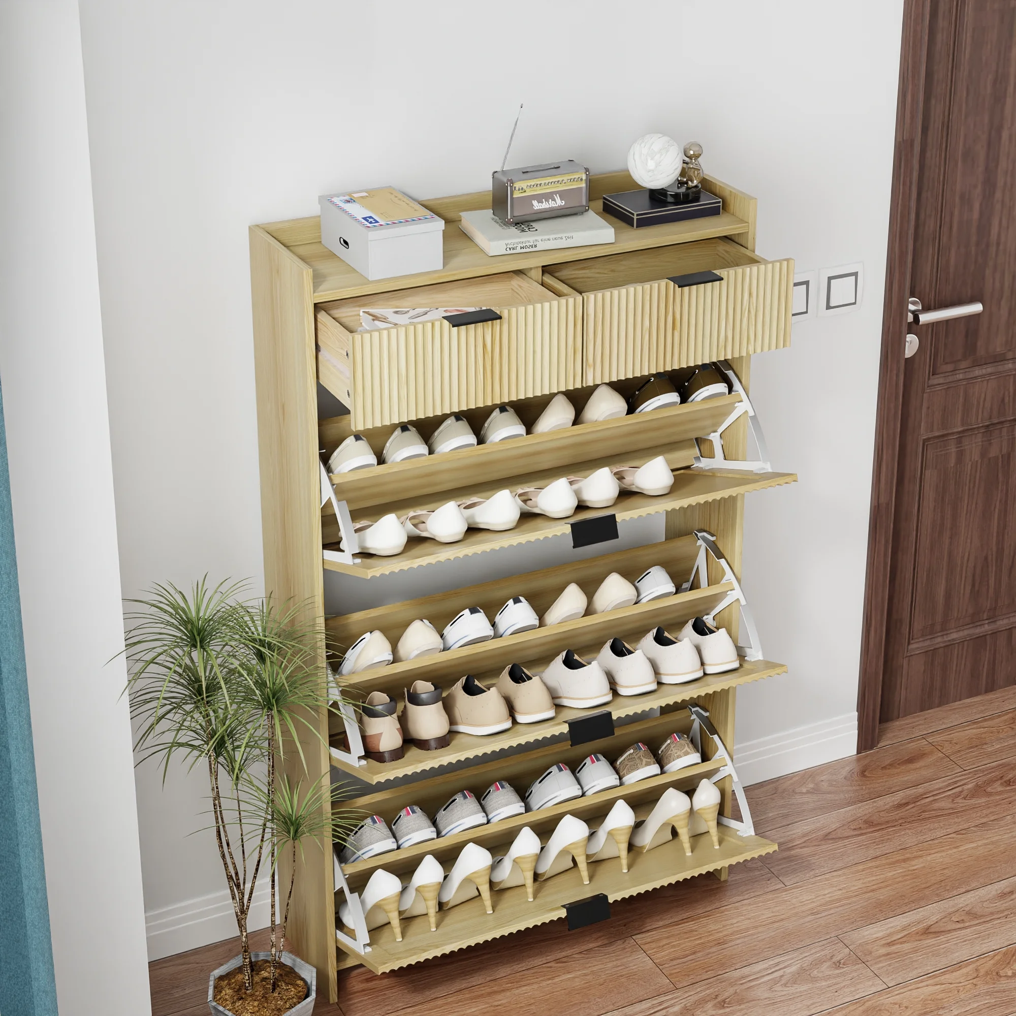 Shoe Cabinet, Free Standing Tipping Bucket Shoe Rack Organizer with 3 Flip Drawers, Modern Entryway Narrow Shoe Rack with 2 Drawers & Top Storage, for Hallway Bedroom, Walnut - Image 19