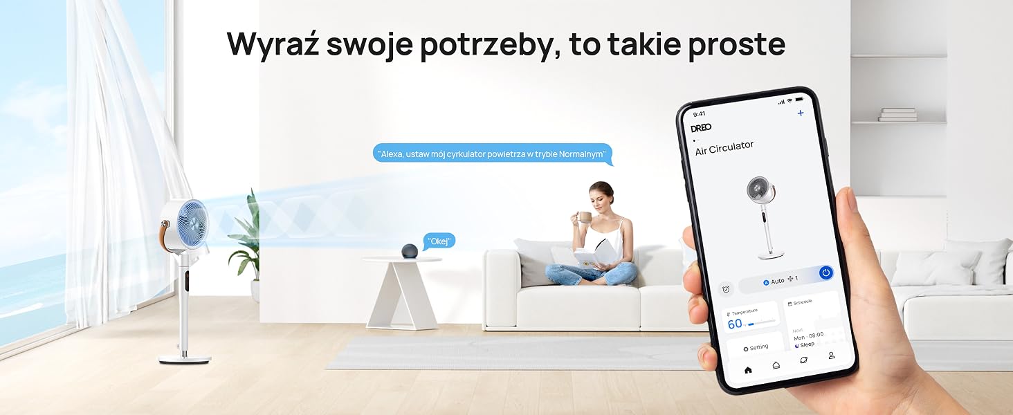 Inteligentny wentylator sterowany przez aplikację na smartfona. Zdjęcie przedstawia osobę na kanapie z telefonem i wolnostojący wentylator w pokoju