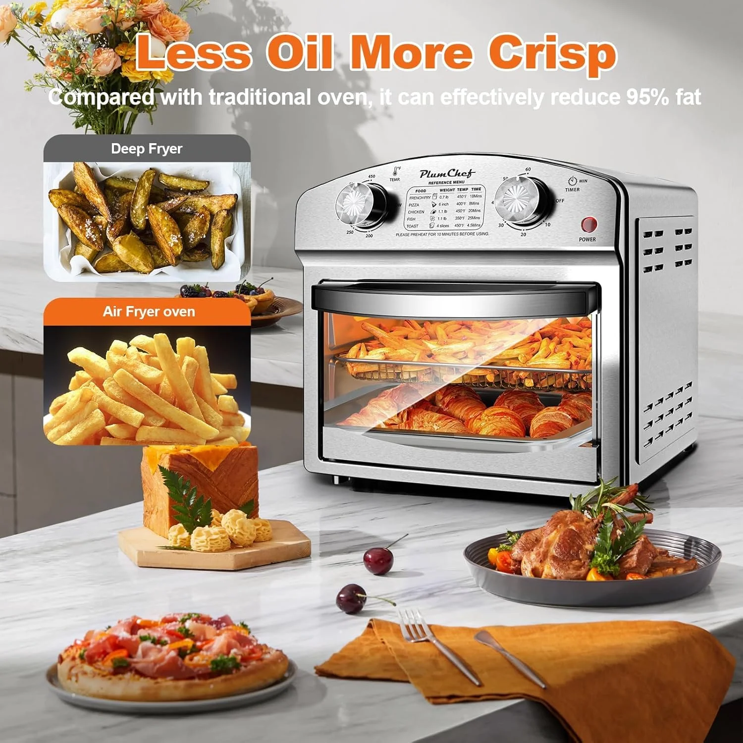 Plum Chef 13QT Air Fryer, 4-Slice Air Fryer Toaster Oven, Space Saving, Visible Window, Oil Free, 1500W, Stainless Steel, Silver