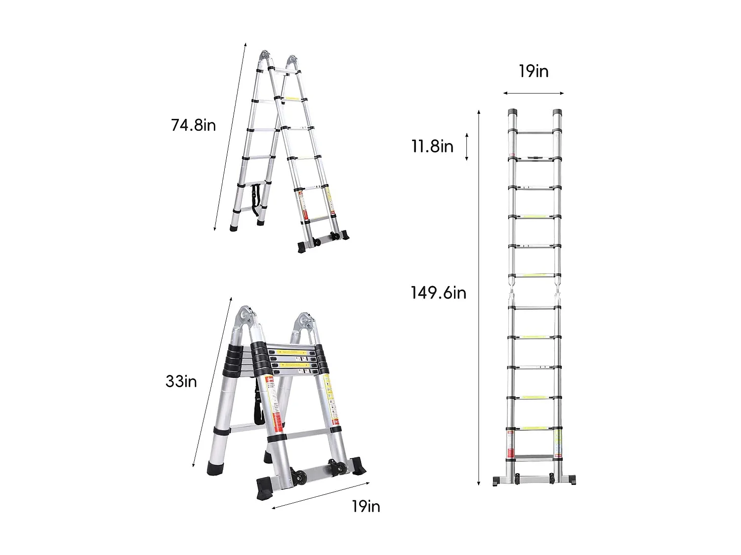 Échelle télescopique, Hauteur 0,88m à 3,8 m, échelle pliante extensible en aluminium, avec pieds antidérapants, charge maximale 150kg