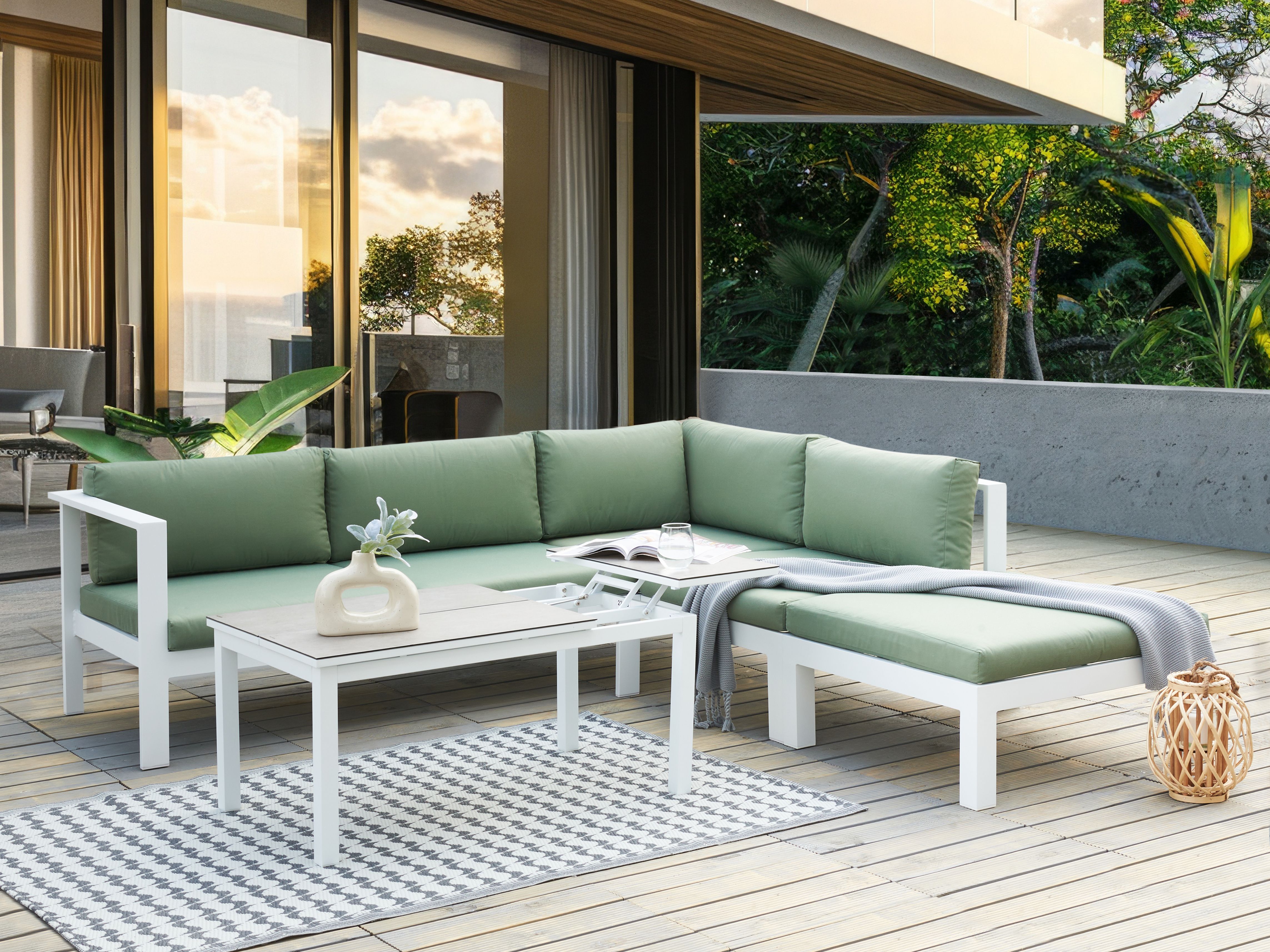 Garden Corner Sofa with Table 5 Seater MESSINA Left Hand Metal Green