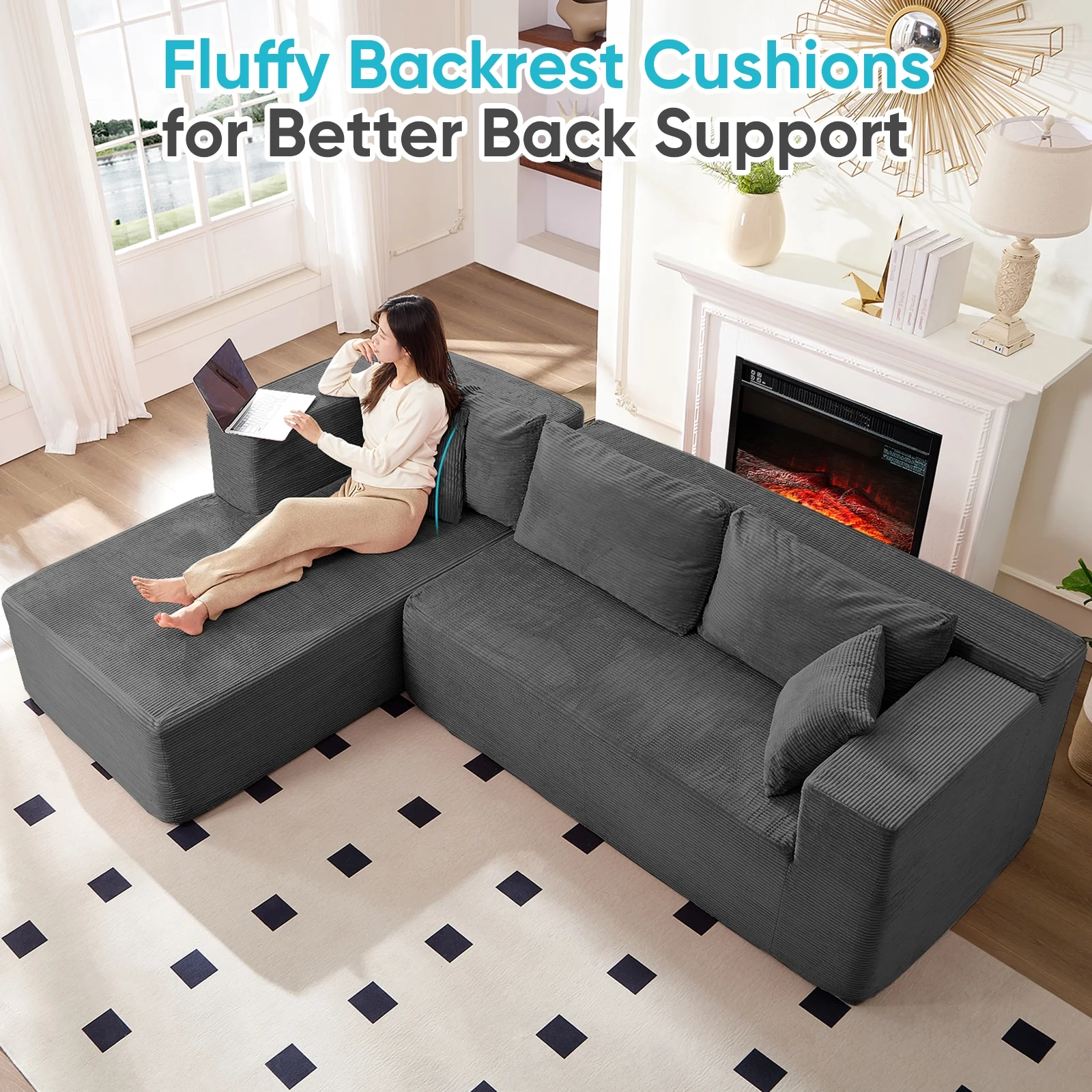 ZAFLY 106" Cloud Sectional Couch with Chaise, No Assembly Required L Shaped Sleeper Sofa, Oversized Deep Seat Modular Couches and Sofas for Living Room - Right, Black - Image 40