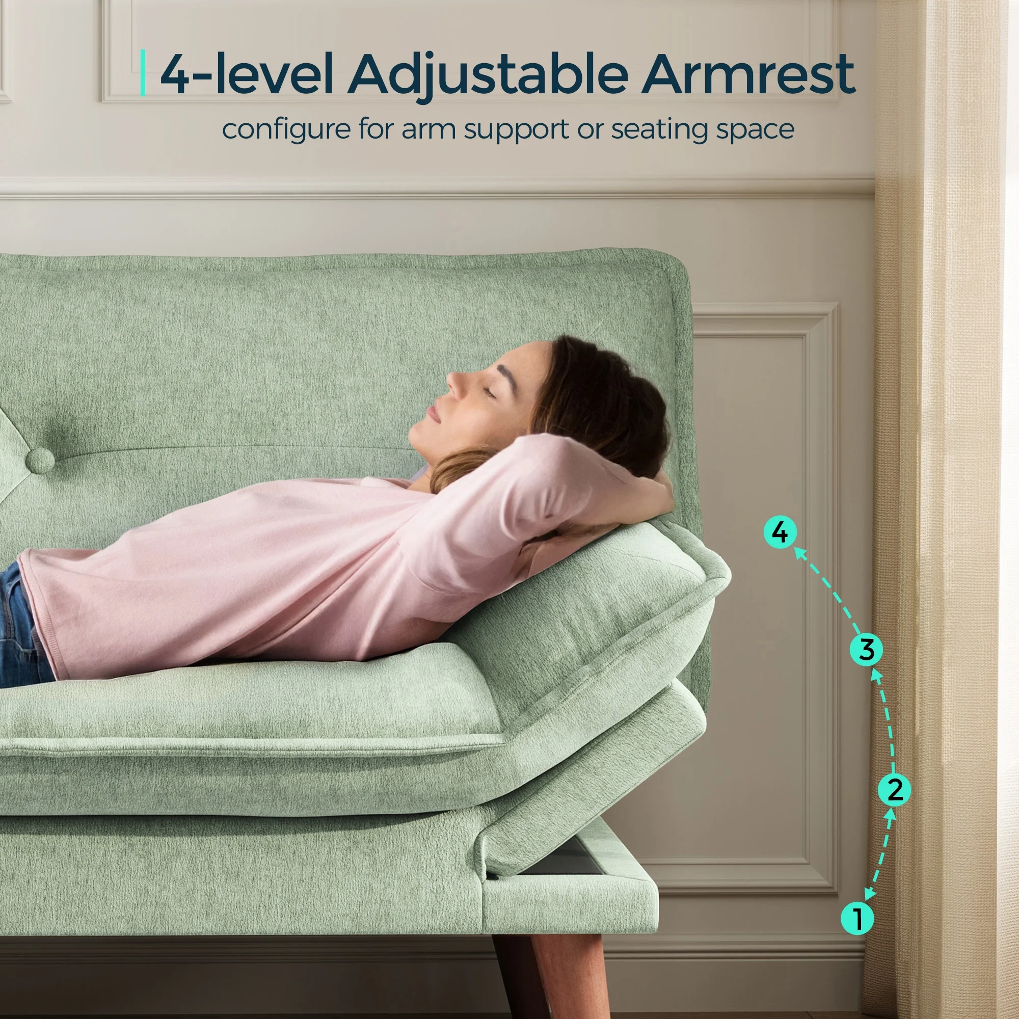 Linsy Home 70" W Chenille Convertible Futon Sofa Bed with Adjustable Armrests, Green - Image 6