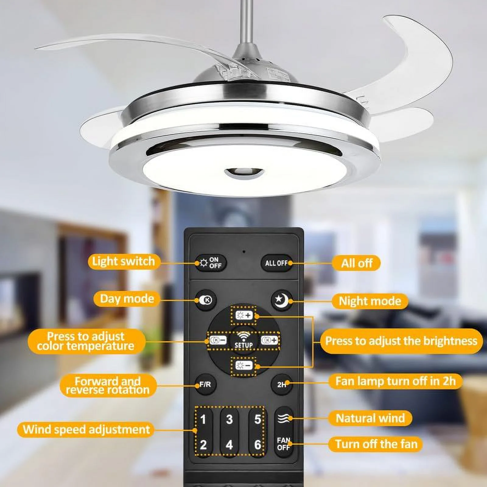 Datingday 42'' Reversible Bluetooth Ceiling Fan with Light and Speaker, LED Dimmable Fandelier Ceiling Fan Light with Remote Control Retractable Invisible Music Player Chandelier for Living Room