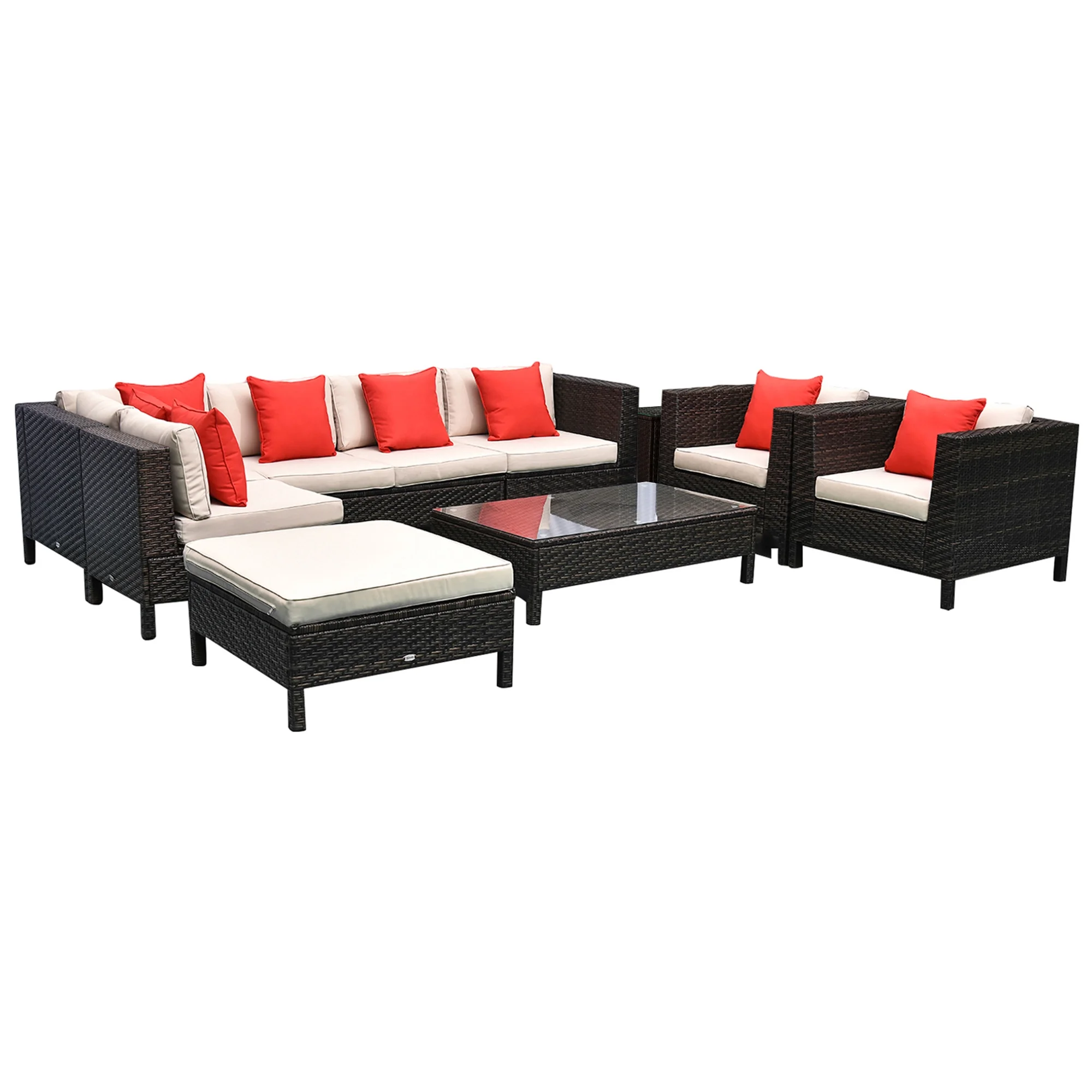 Outsunny 9 Piece Patio Furniture Set, PE Rattan Sofa & Table, Sand