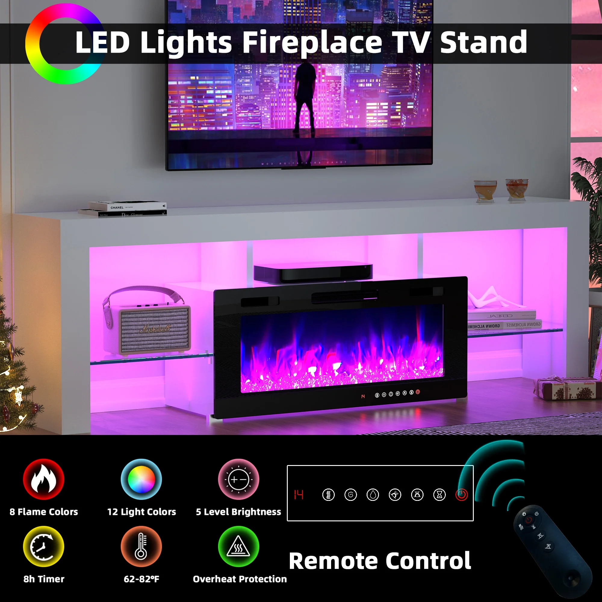 70" Electric Fireplace TV Stand by GetYes - Sleek White Design with Adjustable Flame & Remote Control, Perfect for Living Room - Image 9