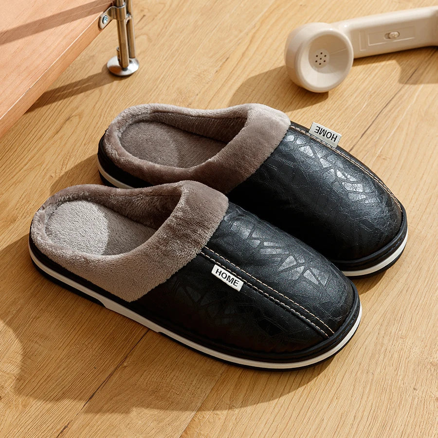 Comfortabele Heren Winterpantoffels van Waterdicht PU-leer met Pluche Voering