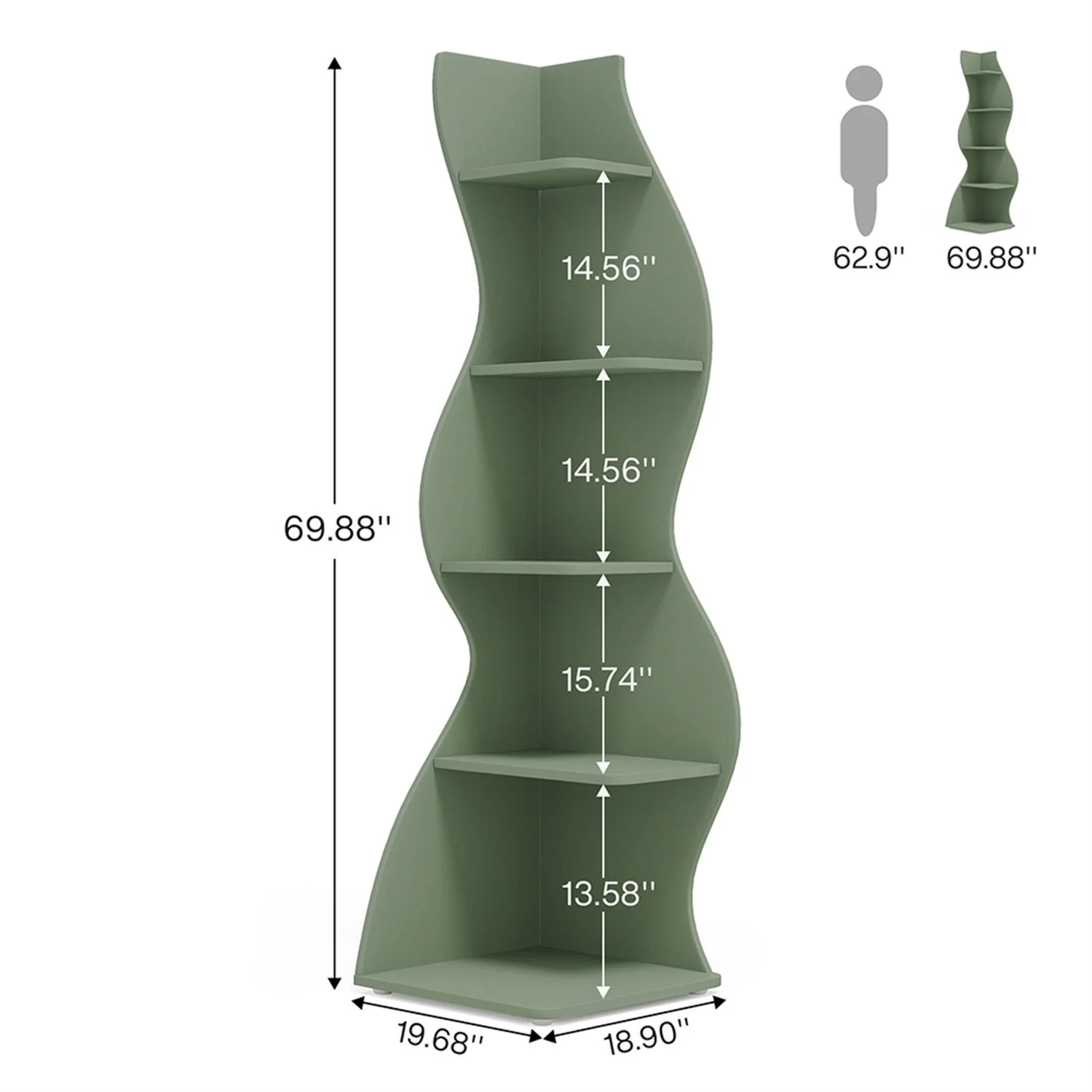 Finihen 5-Tier Corner Bookcase, Wood Bookshelf Storage Organizer, 70" Tall Display Standing Shelf Unit for Bedroom, Living Room, Green - Image 2