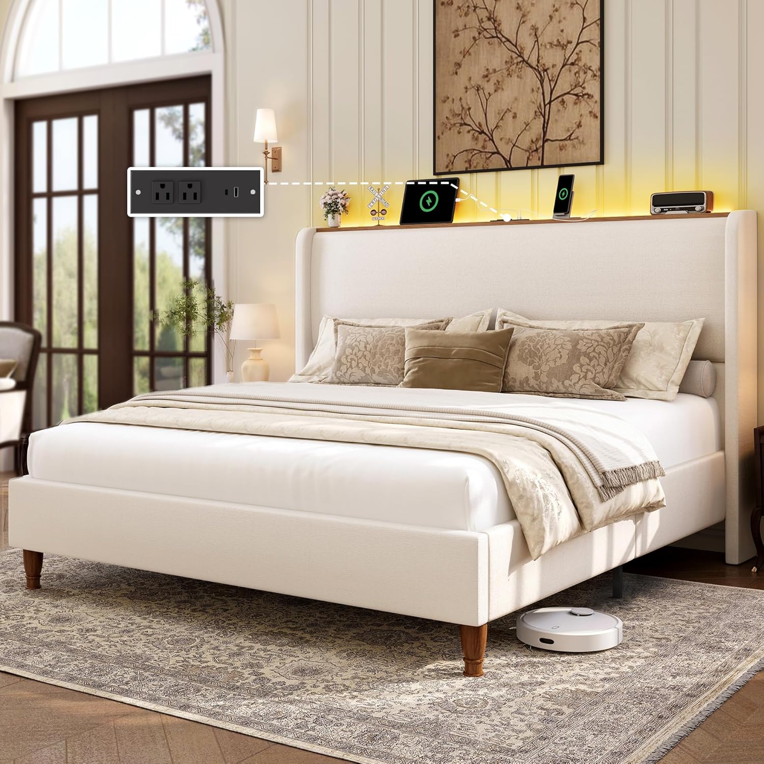 LARMACE King Size Bed Frame with LED Lights and Charging Station Linen Upholstered Platform Bed Frame with 51.2