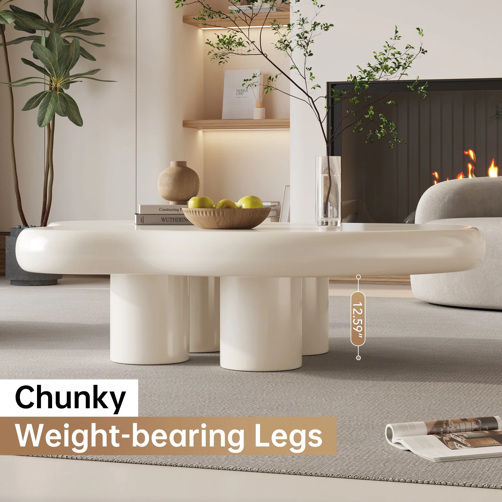 Guyii Cream White Coffee Table with 4 Legs, Irregular Side Table, Modern Wood Tea Table for Living Room, Apartment, Office - Image 6