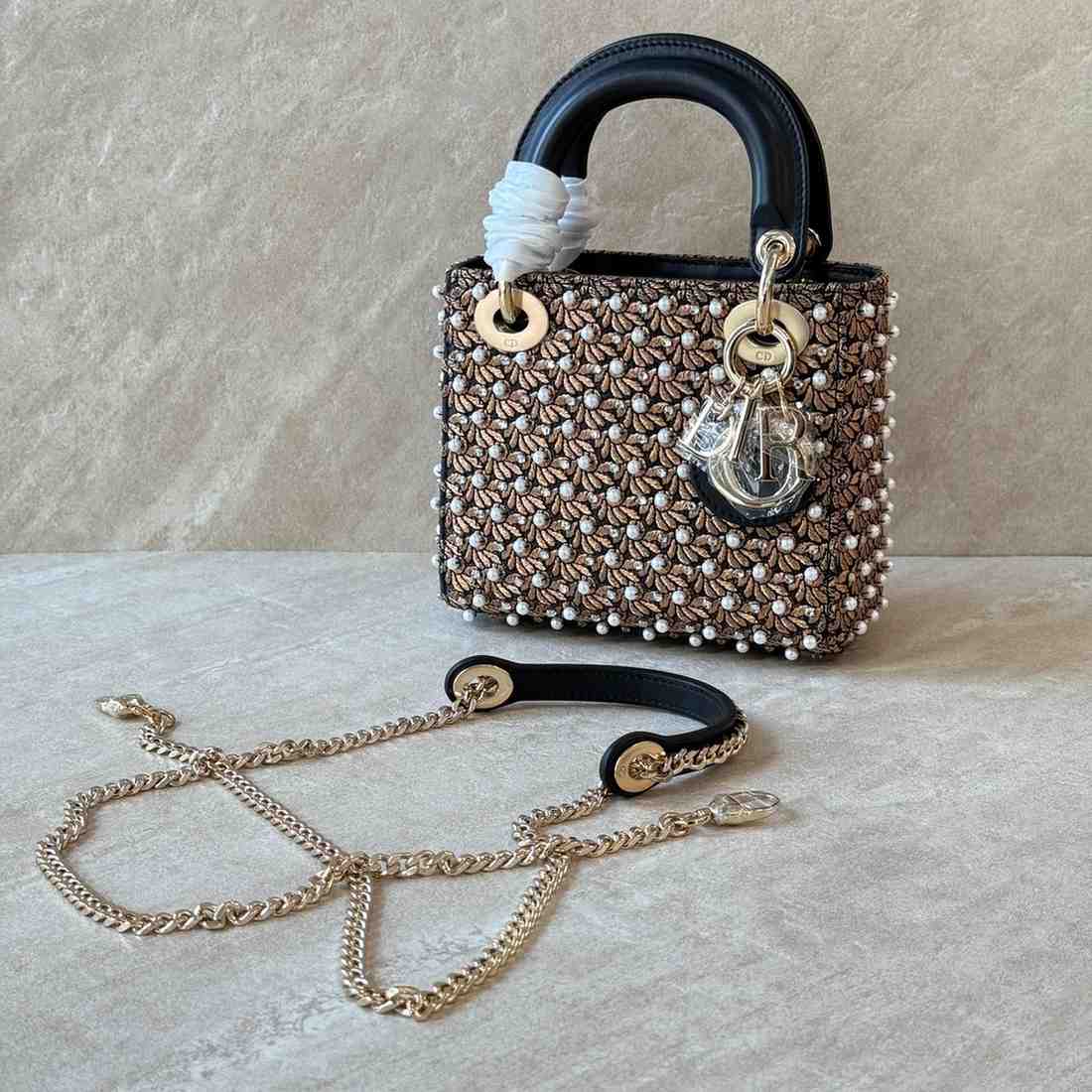 Dior Mini Lady Dior Bag Cotton Embroidered Resin Pearls Crystals Bags In Dubai