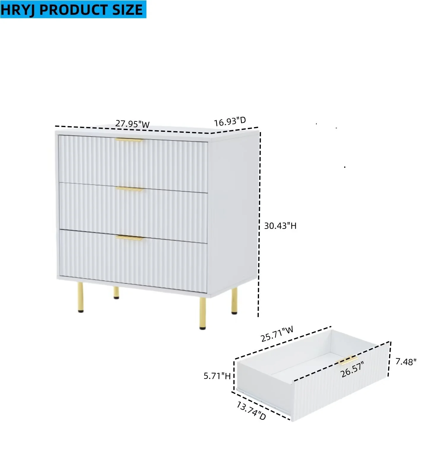 HRYJ White Large 3 Drawers Nightstand Dresser Fluted Wood Night Stand Bedside Table for Bedroom - Image 2