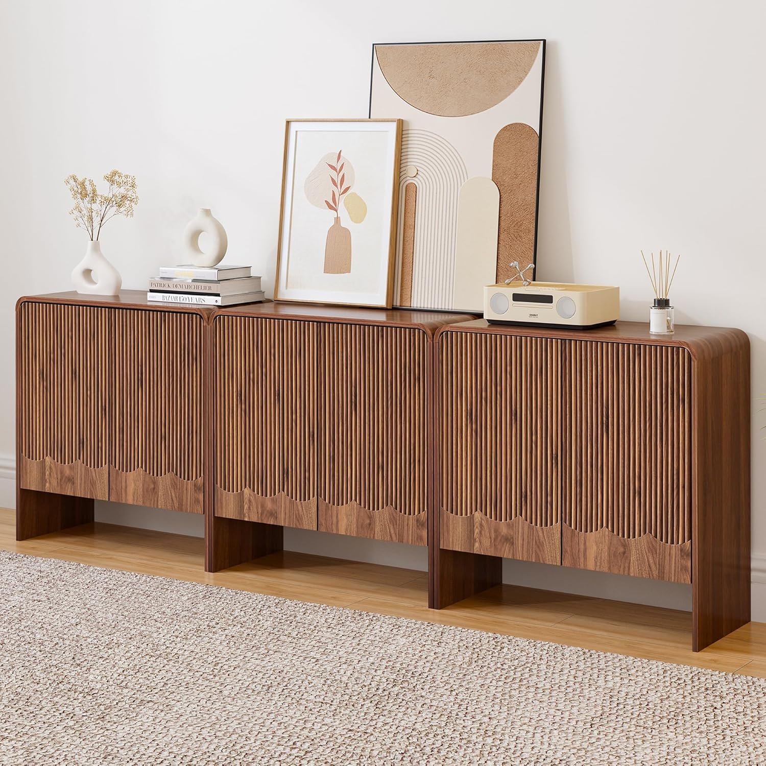 Fluted Sideboard Buffet Cabinet with Storage Set of 3, Mid Century Modern Storage Cabinet with Curved Edge and Adjustable Shelves for Kitchen Dining Room Living Room (Walnut, 3 pcs)