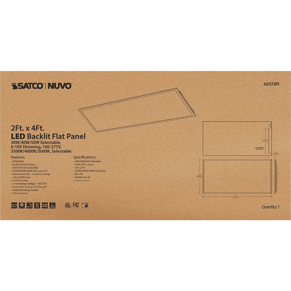 Satco NUVO 2 Ft. x 4 Ft. Wattage and CCT Selectable White LED Backlit Flat Panel