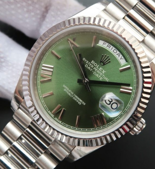 Replica Rolex Day-Date 40mm 228239 Noob Olive Green Dial SS President Bracelet A3255 - Elite Watch Atelier