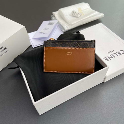 CELINE TRIOMPHE logo printed sheepskin zipper card bag