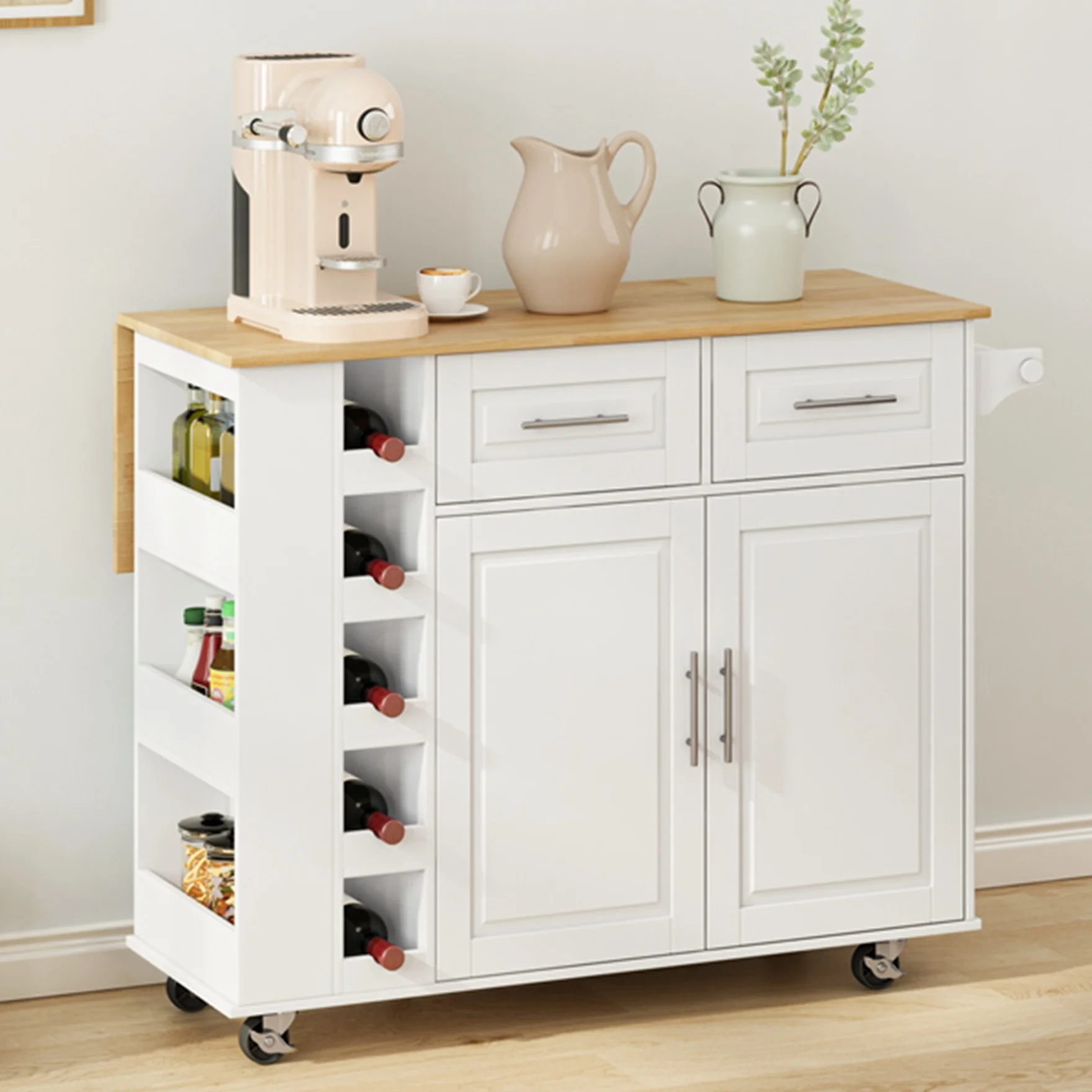 Movable Kitchen Island Cart with 2 Door Cabinet, 2 Drawers and Drop Leaf Top, Island Table with Spice Rack, Towel Holder, Wine Rack and Wheels, Kitchen Storage Cabinet, White