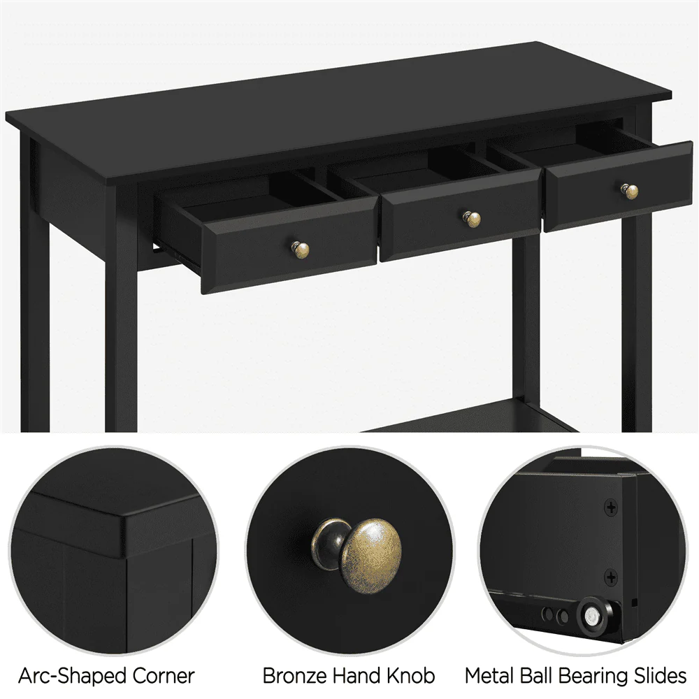 Topeakmart 3-Drawer Wooden Console Table Entryway Table with Storage Shelf Pine Wood Legs, Black - Image 10