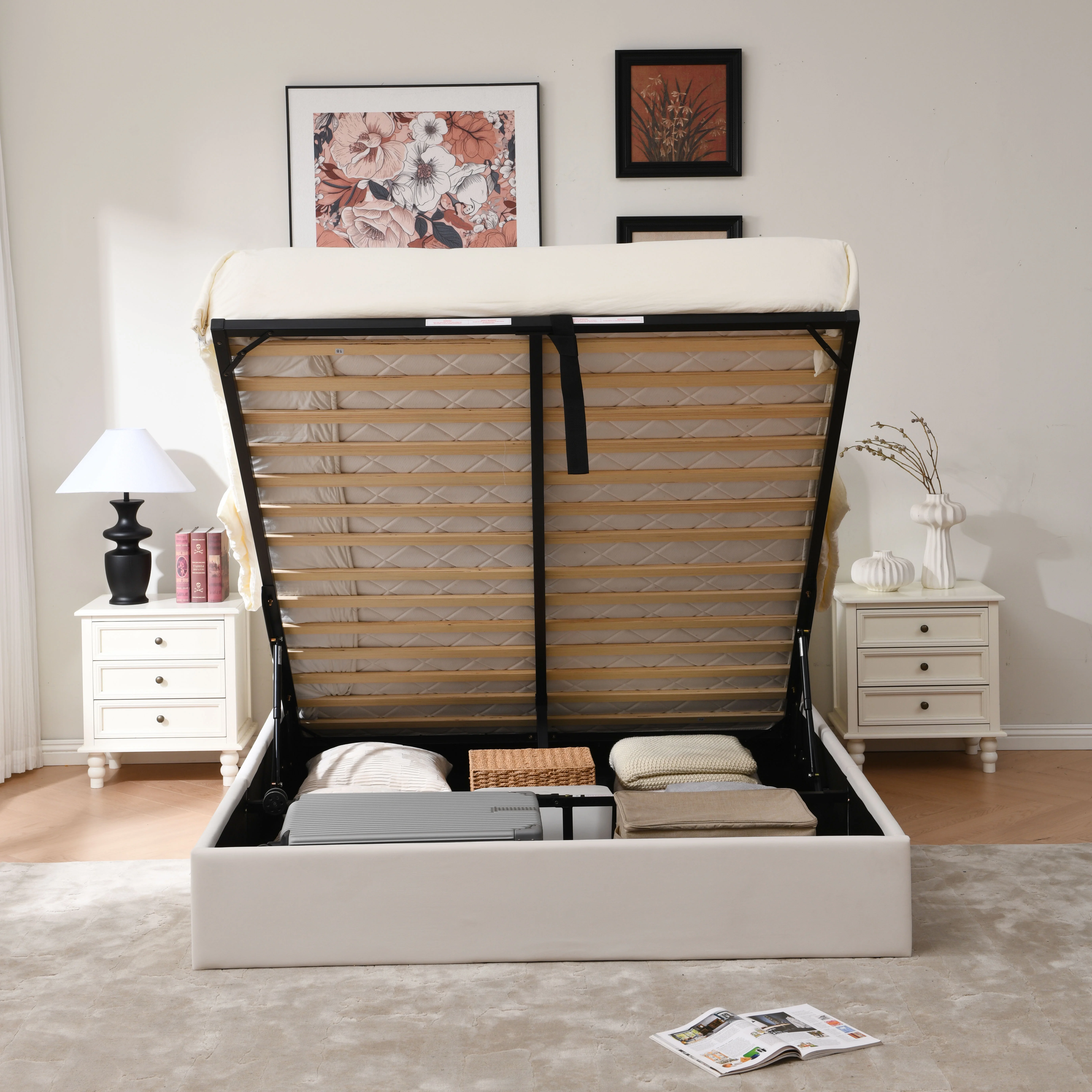 VELOCAVA Full Size Hydraulic Storage Bed, Upholstered Platform Bed Frame, Modern Wingback Design Headboard, Velvet Fabric with Hydraulic Support Bars, No Box Spring Required,Cream