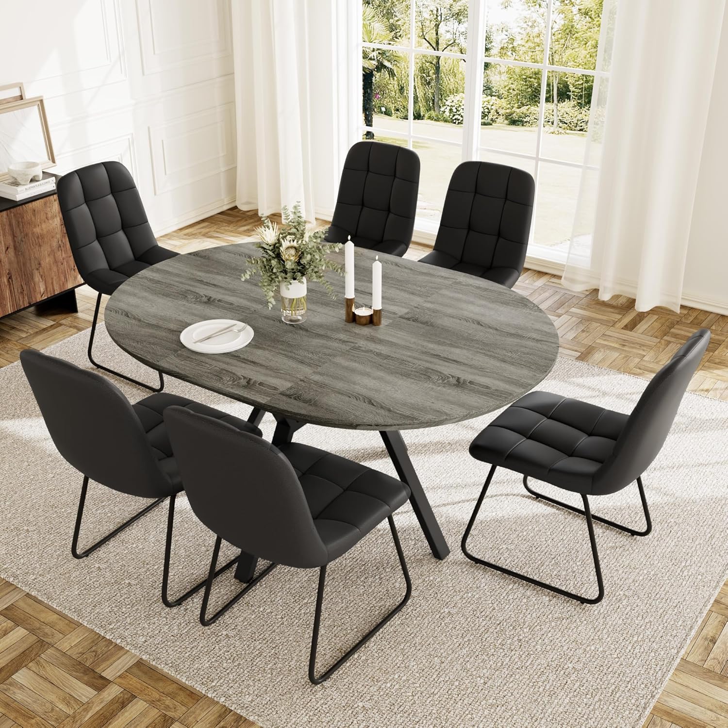 Extendable Round Dining Table Set for 6 People, 43.3