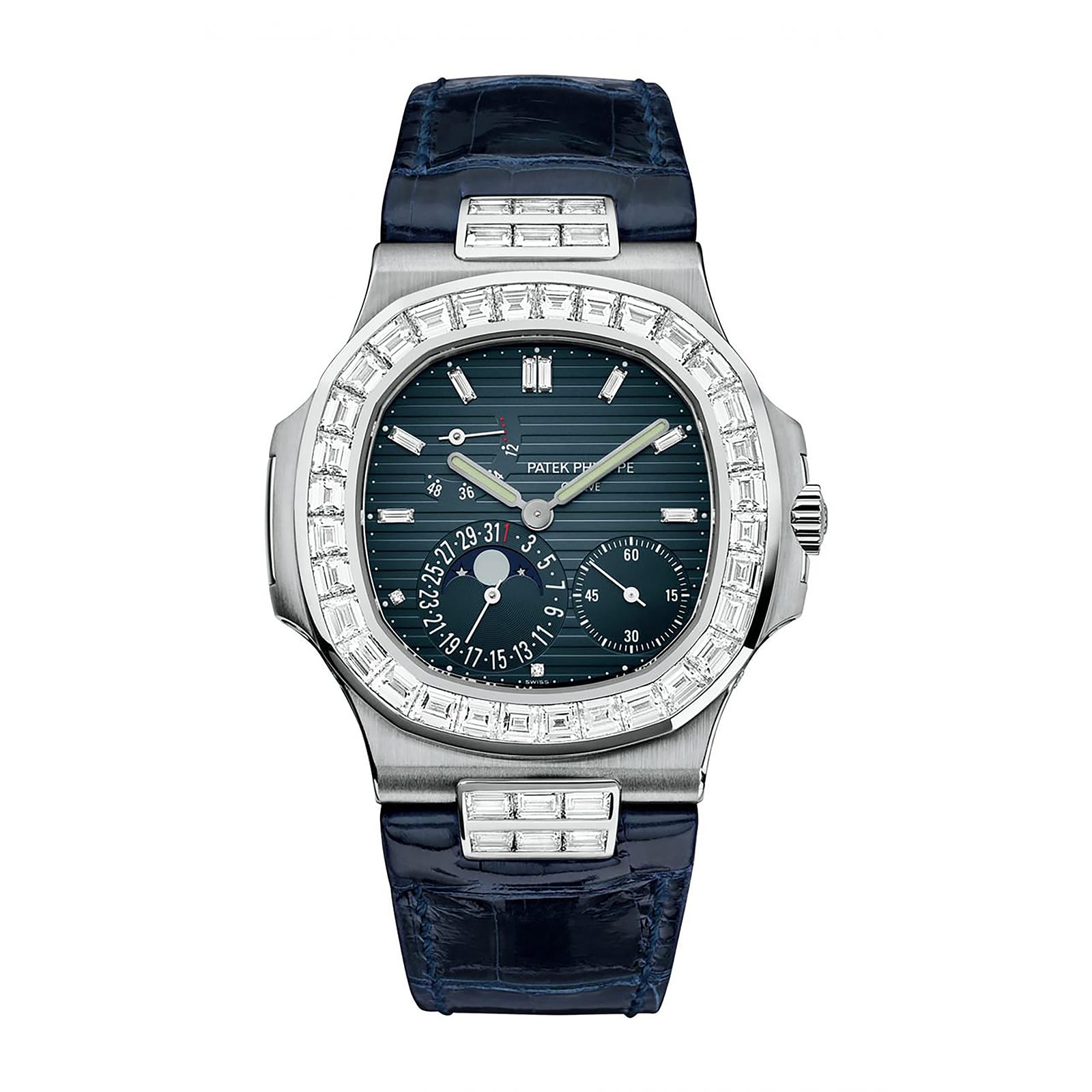 Fake Patek Philippe Replica Watch 5724G-001 Nautilus 40mm Black-Blue Baguette Diamond Bezel Moon Phase Date White Gold Leather Automatic GRF(1:1 replica) - Top club