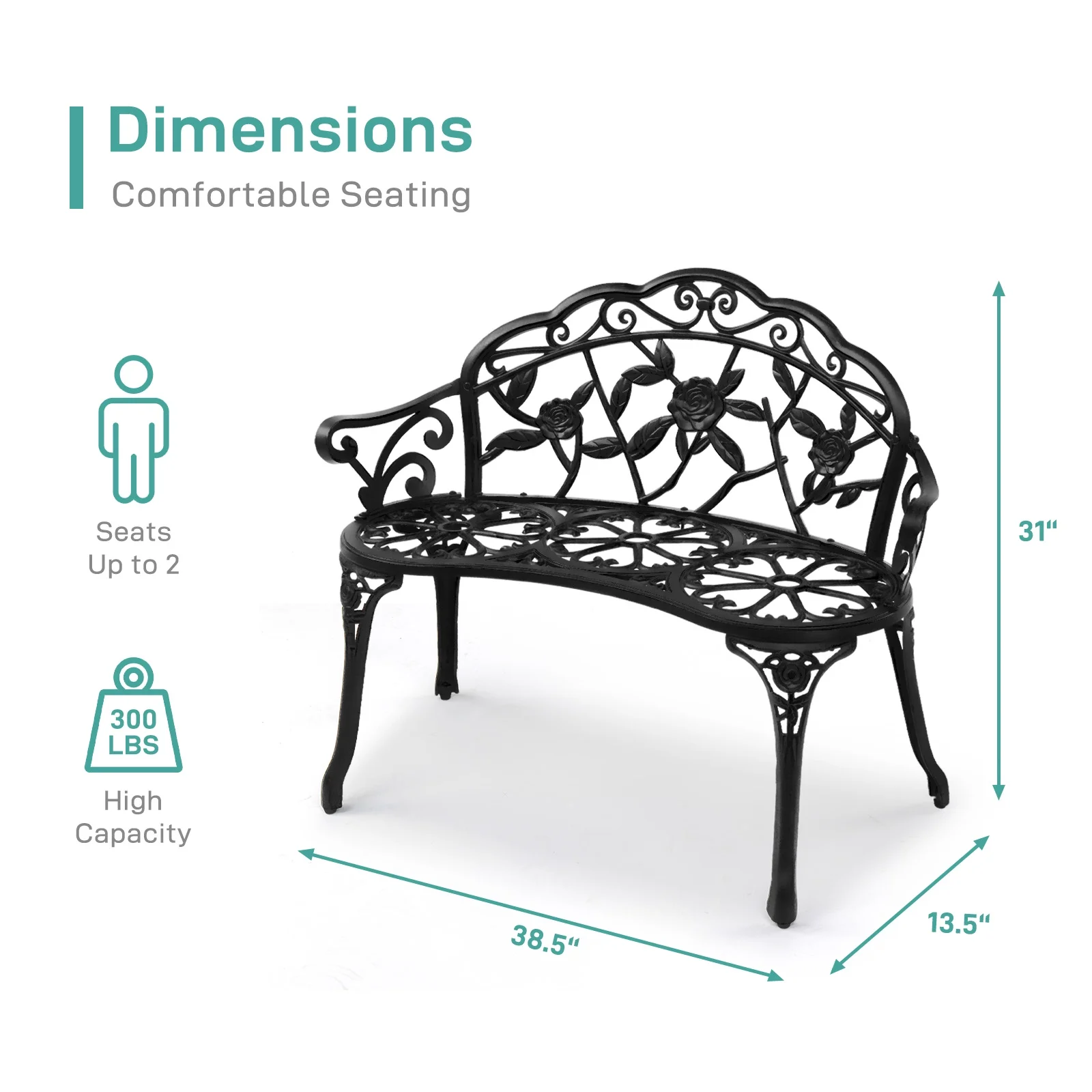 Zimtown Courtyard Park Outdoor Patio Bench Leisure Rose Cast Aluminum Chair, Metal Loveseat Bench for Garden Patio, Porch, Deck, Bronze - Image 14