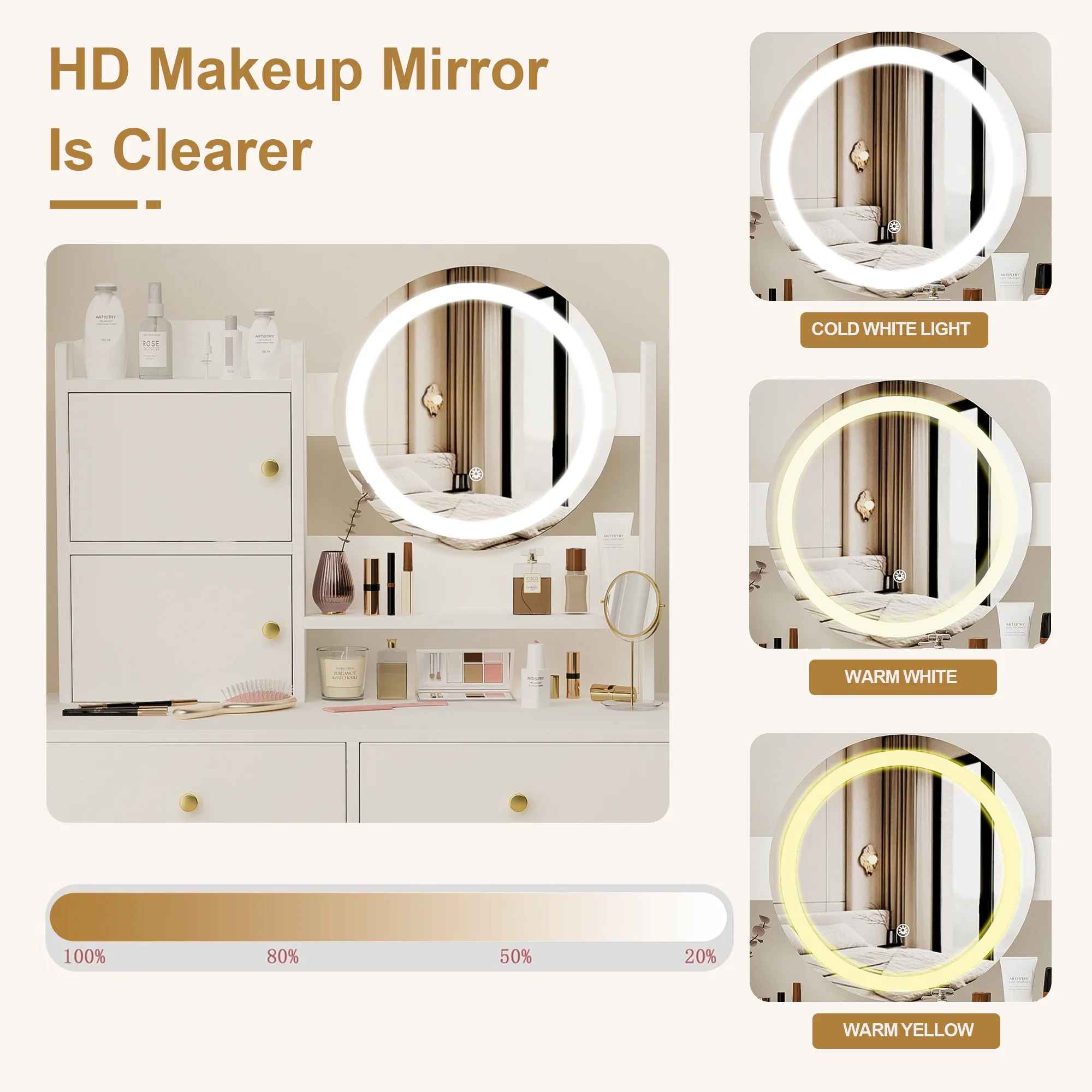 Montary Modern Mini Vanity w/Adjustable LED Mirror + Hidden Storage, Padded Stool & Dustproof Shelves (White) - Image 69
