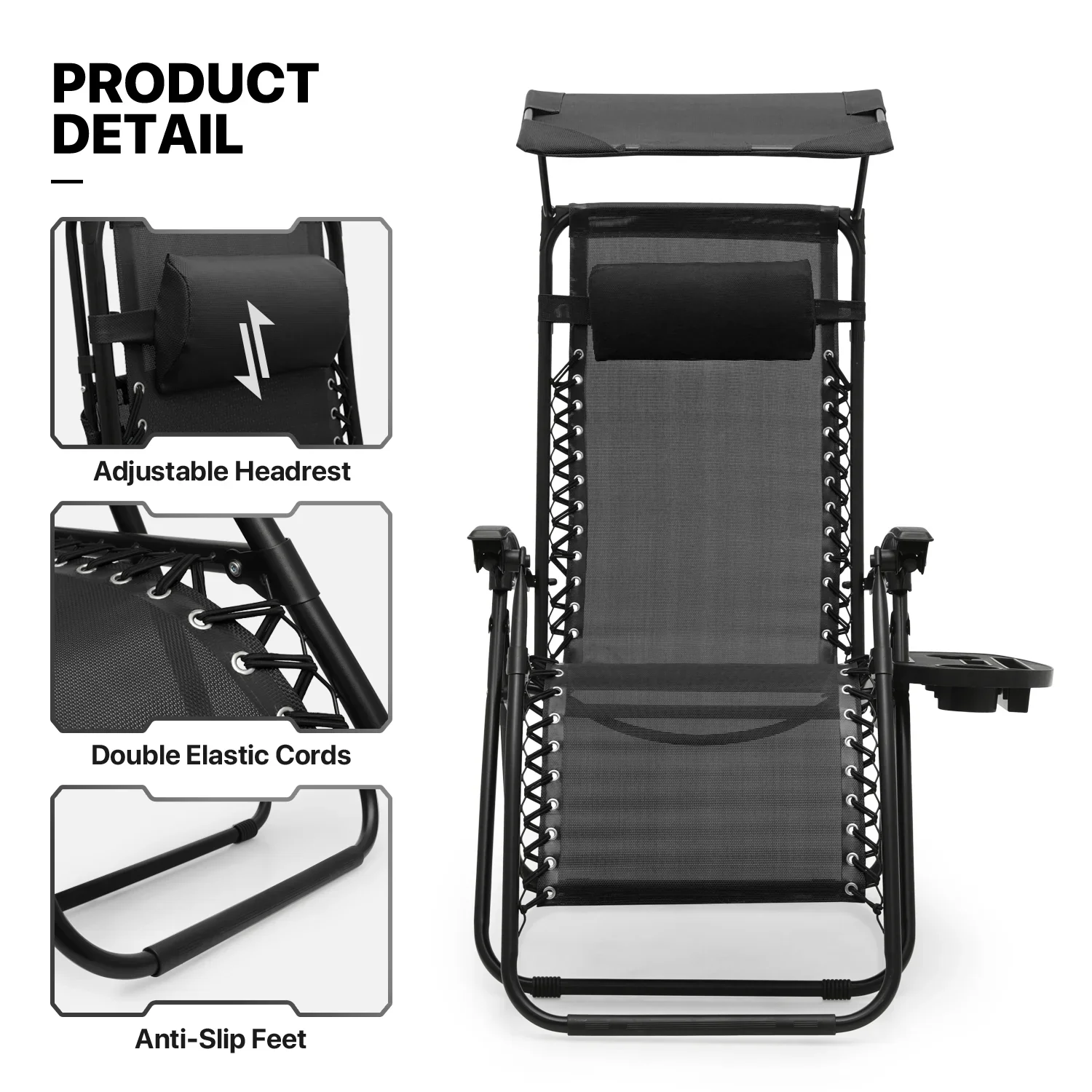 MoNiBloom Zero Gravity Reclining Chairs Set Of 2 With Canopy Shade And Headrest, Black - 330 lbs - Image 6 MoNiBloom Zero Gravity Reclining Chairs Set Of 2 With Canopy Shade And Headrest, Black - 330 lbs - Image 6