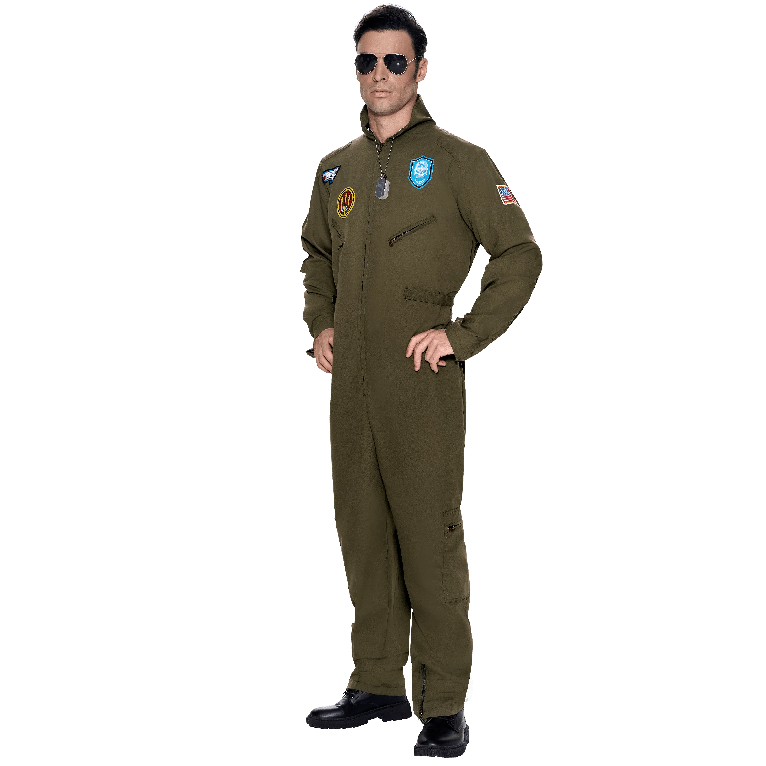 Joyfy Flight Pilot Costume for Adults Pilots Uniform Costume Movie Icon Green Jumpsuit for Men Halloween Party Fancy Dress up Cosplay - Image 7 Joyfy Flight Pilot Costume for Adults Pilots Uniform Costume Movie Icon Green Jumpsuit for Men Halloween Party Fancy Dress up Cosplay - Image 7