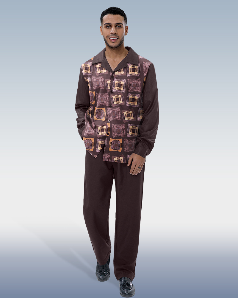 Square-print casual long-sleeve walking suit