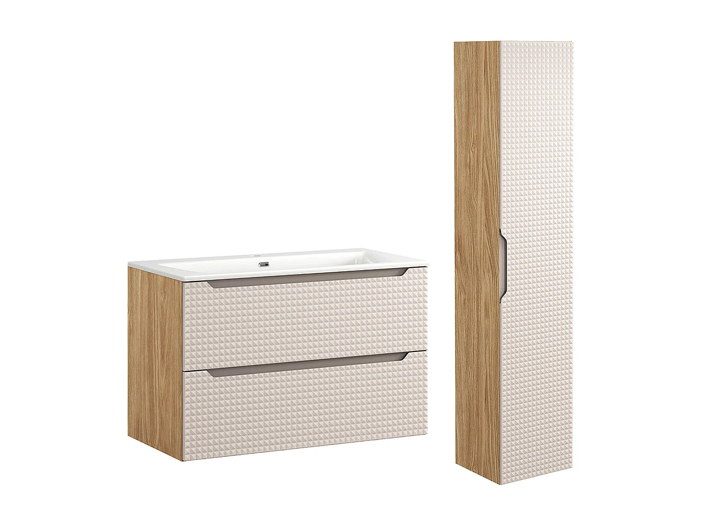 Ensemble meuble simple vasque encastrée 90cm et colonne Mallory Beige et bois