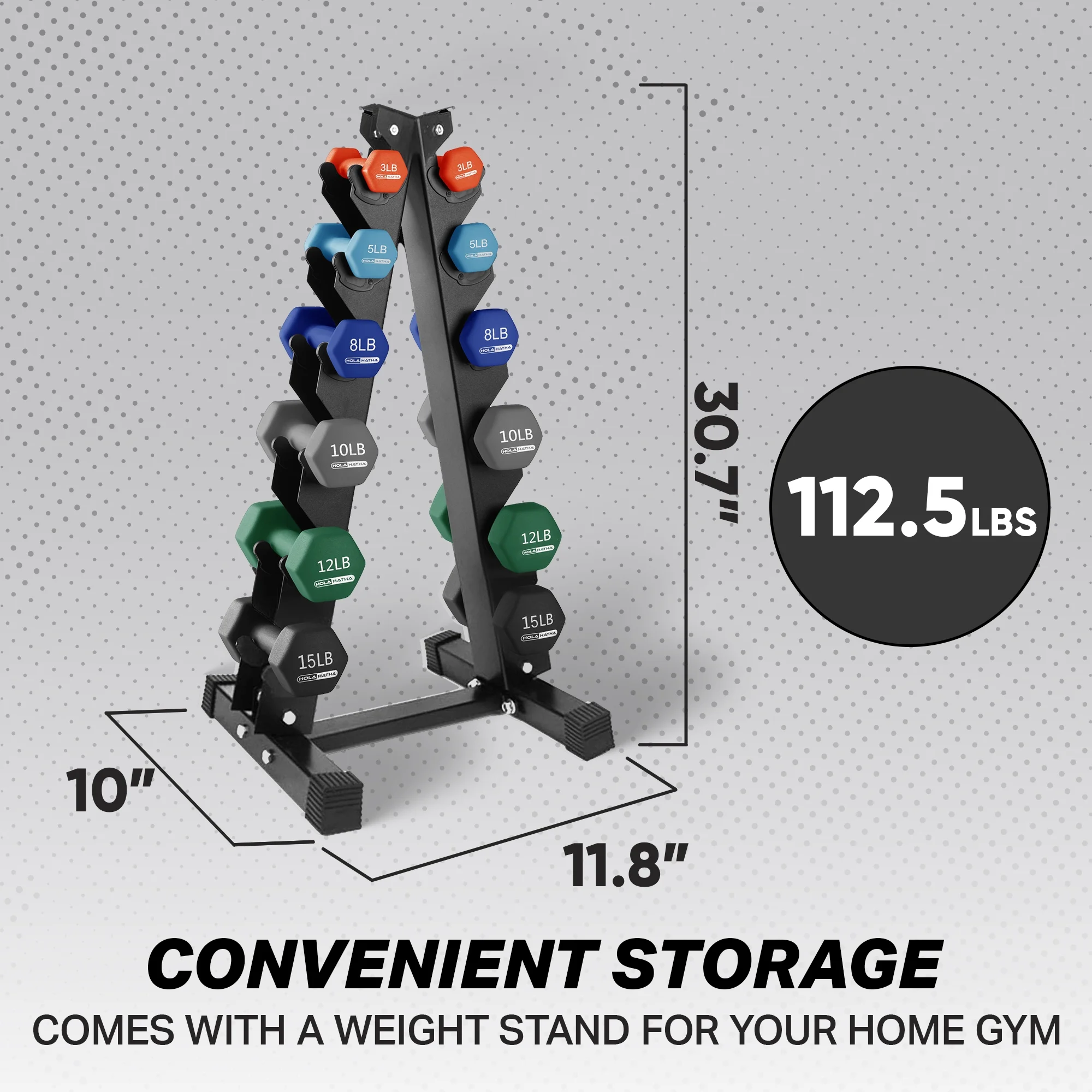 HolaHatha Neoprene Dumbbell Weight Set with Rack (Black), 112.5 lb - Image 16