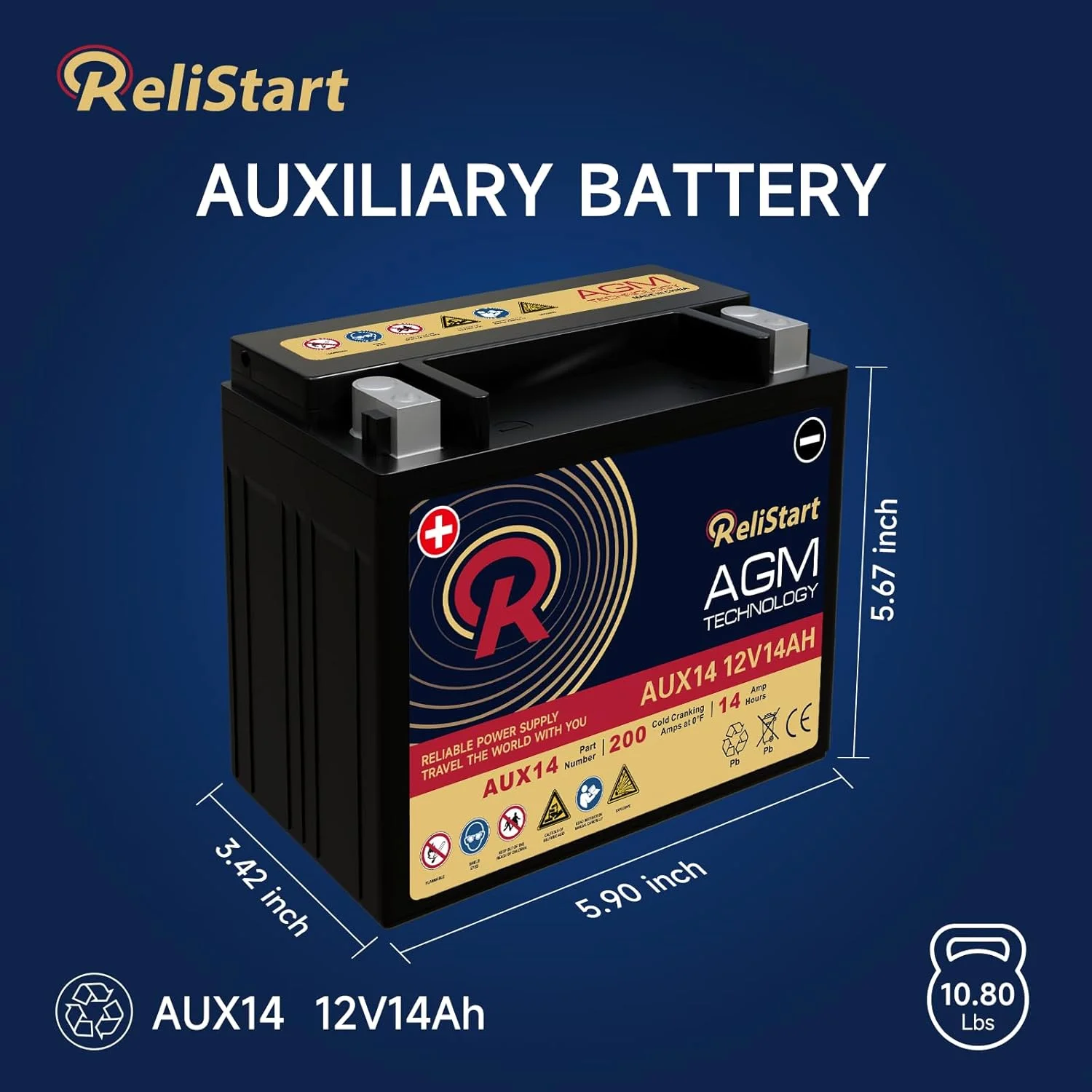 Relistart AUX14 Auxiliary Battery, 12V 14Ah AGM Battery, 200CCA, Rechargeable AGM Car Battery, Maintenance Free 36 Months Warranty - Image 2