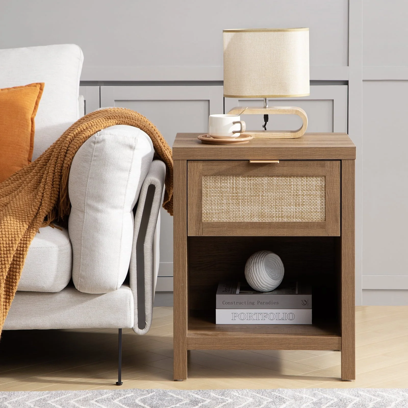 Surmoby Rattan Nightstand Set of 2,Farmhouse Bedside Tables with Drawer and Storage Shelf,Natural Boho End Table Side Table for Bedroom,Living Room - Image 7