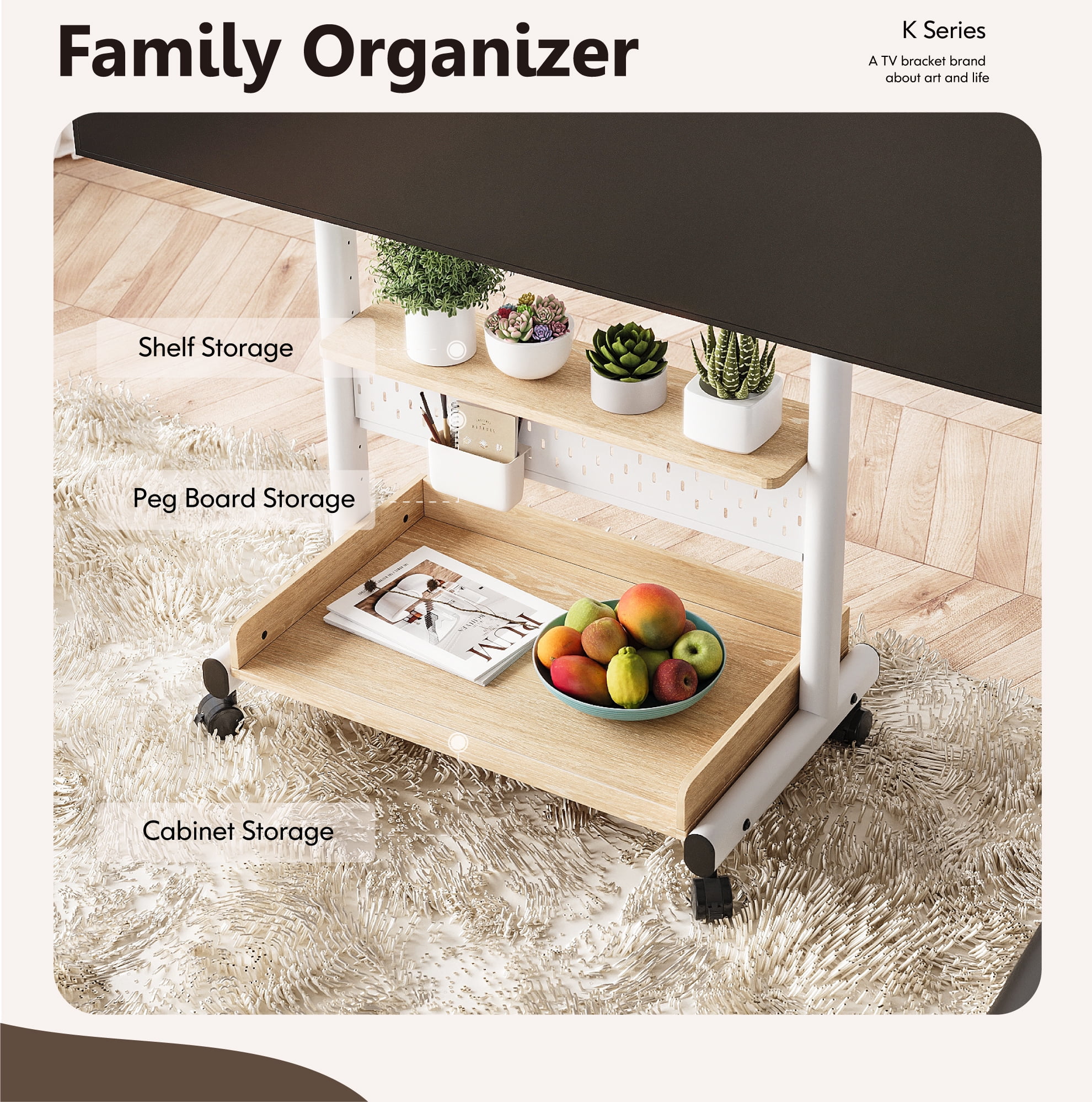 FITUEYES Rolling TV Stand with Wheels for 40-85 inch TVs, Height Adjustable Mobile TV Stand TV cart with Wooden Large Storage,White - Image 7